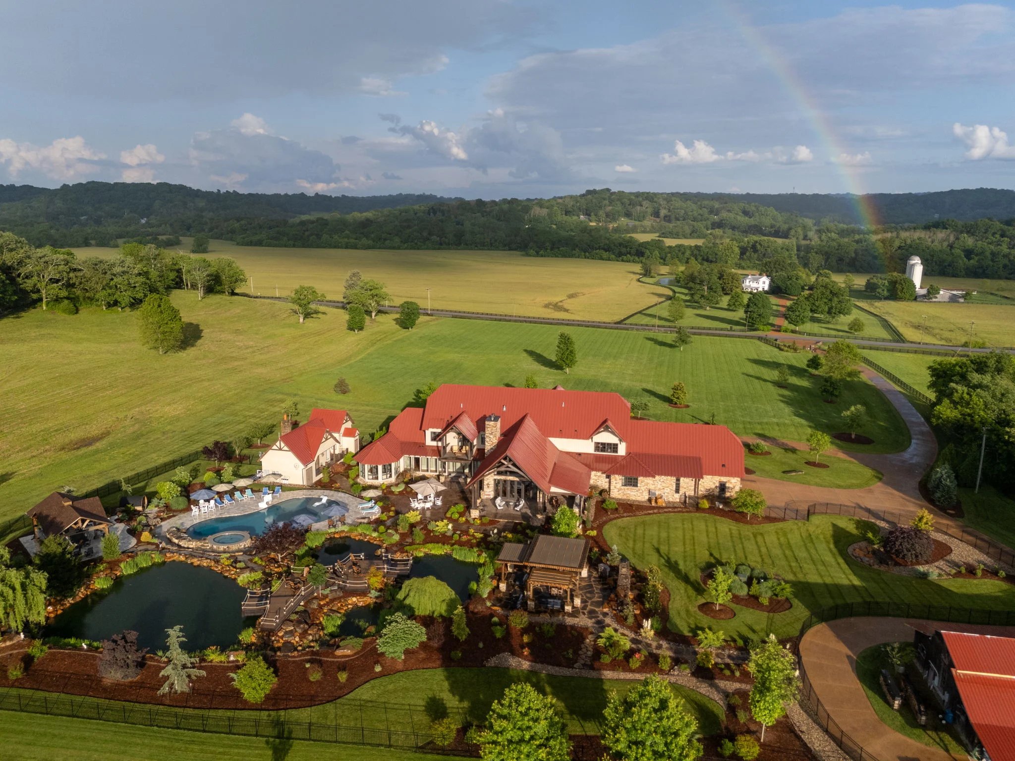 Aerial view of a finished estate backyard
